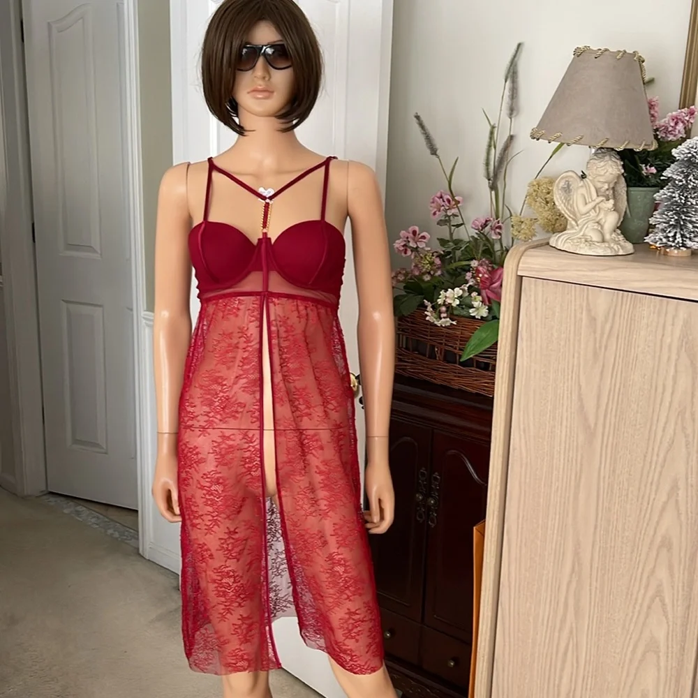 Vintage Victoria’s Secret Lace Bustier Open Chemise in Scarlet Red
